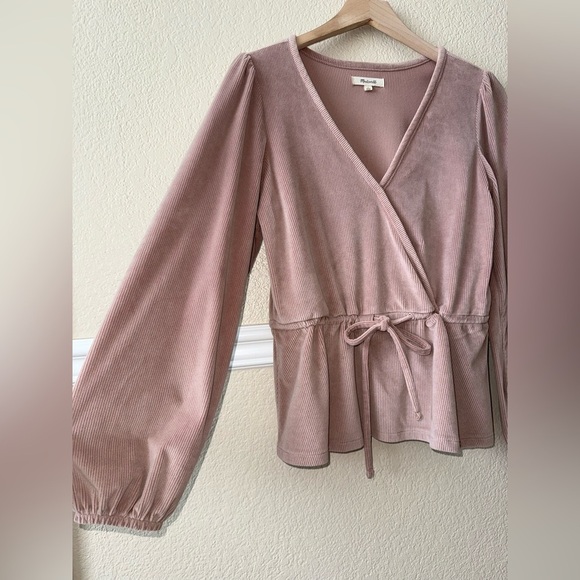 Madewell Corduroy Tie-front Faux-wrap Long Sleeve Blouse Top Pink Mauve Small - Picture 2 of 9